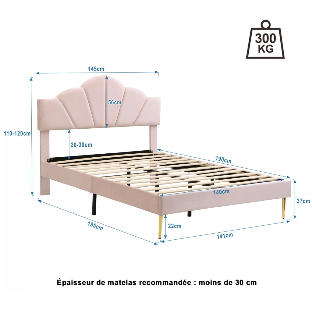 Letto matrimoniale imbottito in velluto rosa 140x190 cm