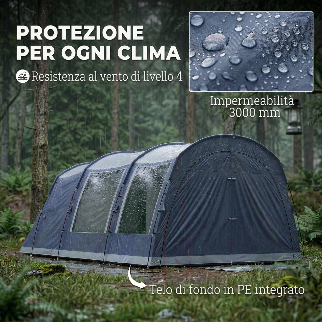 Tenda Campeggio a Tunnel per 2-4 Persone 540x320x210 cm con 2 Stanze Impermeabile 3000mm Blu Navy