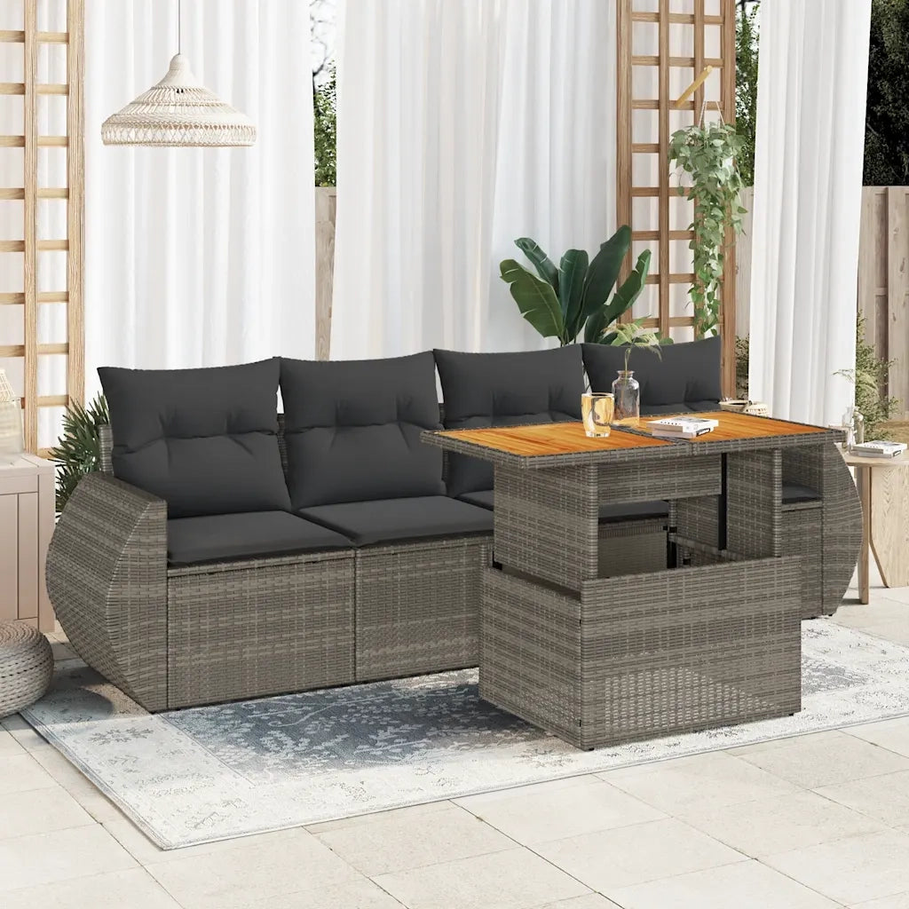 Set Divano da Giardino 5 pz con Cuscini Grigio in Polyrattan