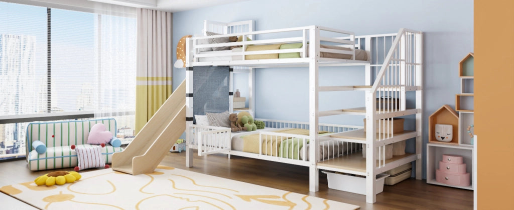 Letto a soppalco in metallo 90*200CM bianco scivolo riporzione scaffali letto per bambini sicuro e che fa risparmiare spazio