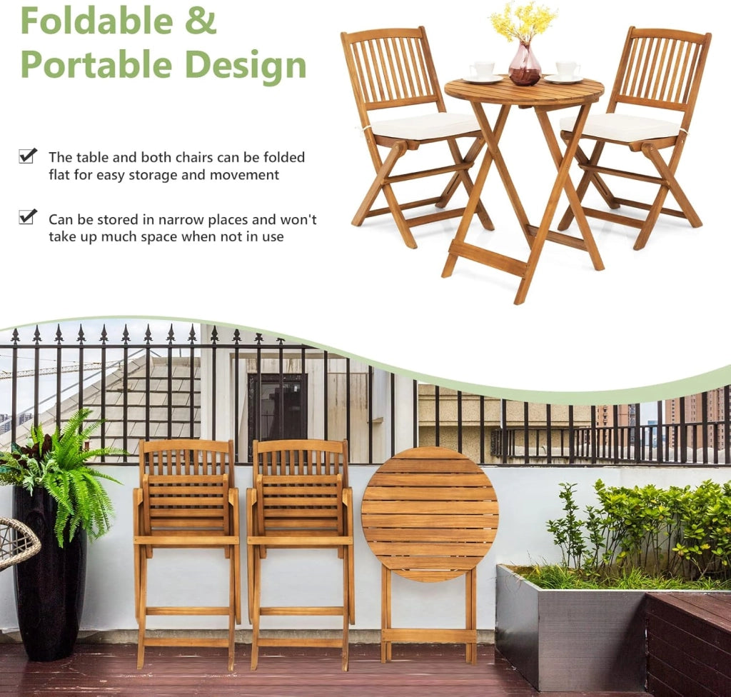Set di Tavolo e 2 Sedie Pieghevoli in Legno d'Acacia con 2 Cuscini Imbottiti Removibili, Per Esterno, Patio, Giardino e Balcone (Beige)