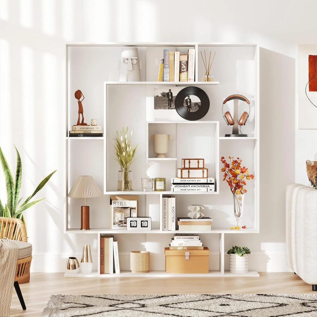 Libreria geometrica, scaffale espositivo, scaffale espandibile, scomparti aperti, protezione antiribaltamento, per soggiorno, camera da letto, studio (marrone)