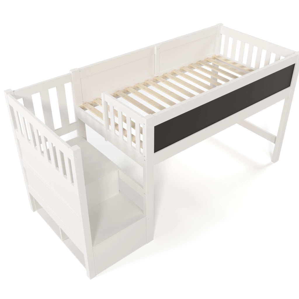 Letto a soppalco 90x200 cm con scala contenitore e lavagna in legno bianco