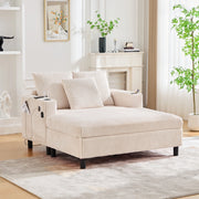 Poltrona relax oversize in corduroy beige con LED, porta USB, portabicchieri e struttura in legno massello