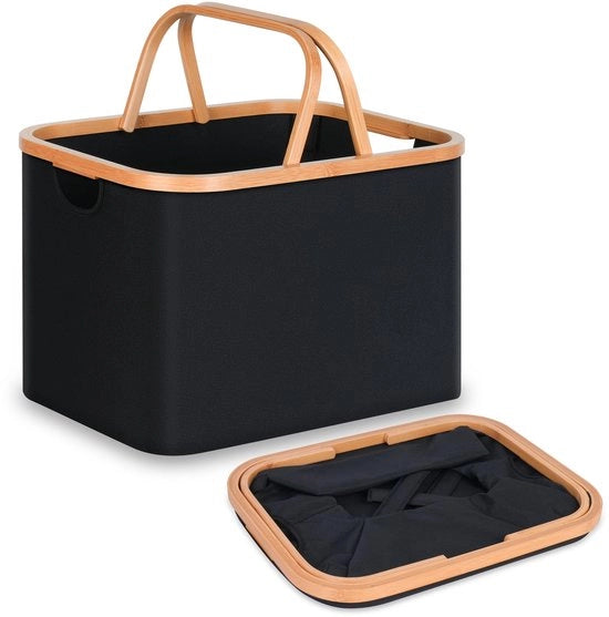 Wastafetta opvolutiva 43L, contenitore di stoccaggio opvolutivo in bambù, contenitore di stoccaggio opvolutivo, contenitori di stoccaggio per camera da letto e bagno (nero, maniglia opvolutiva)