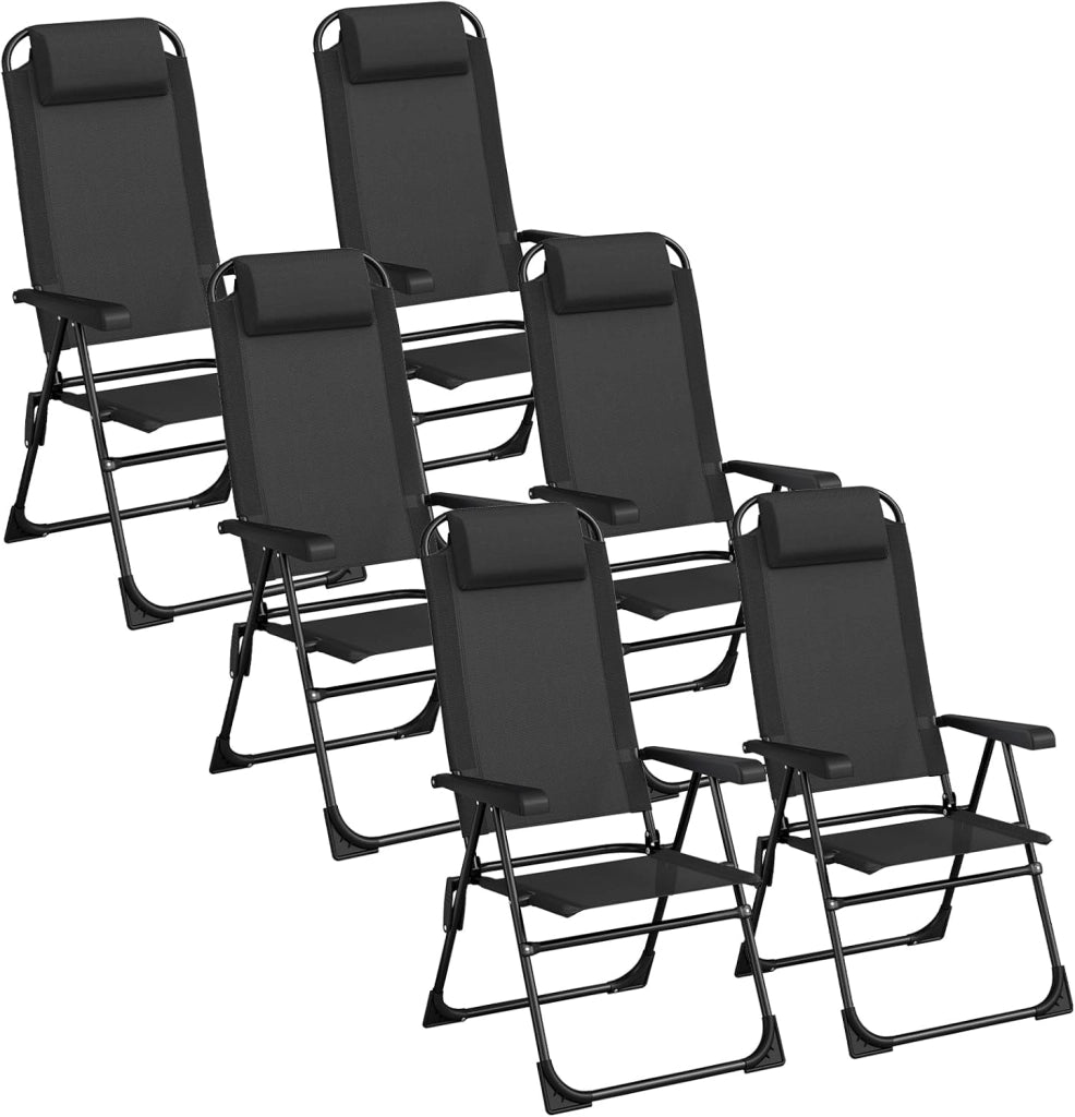 Set di 6 sedie da giardino, pieghevoli, da campeggio con poggiatesta, con 5 schienali regolabili, da balcone, da giardino, terrazza, campeggio, nero, 6 pezzi