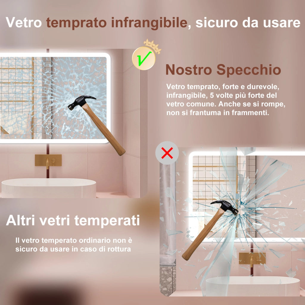 AICA Specchio da bagno  80 x 60 cm, dimmerabile, Blue tooth, Funzione Memoria, antiappannamento, 3 colori