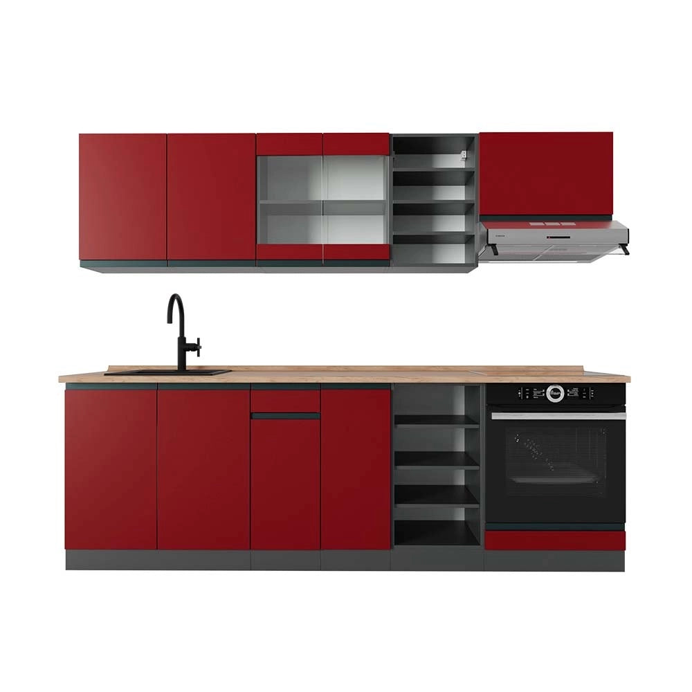 Cucina componibile R-Line Rosso/Antracite 240 cm J-Shape, PL Rovere Vicco