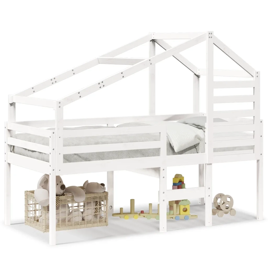 Letto a Soppalco con Tetto Bianco 90x190 cm in Legno di Pino