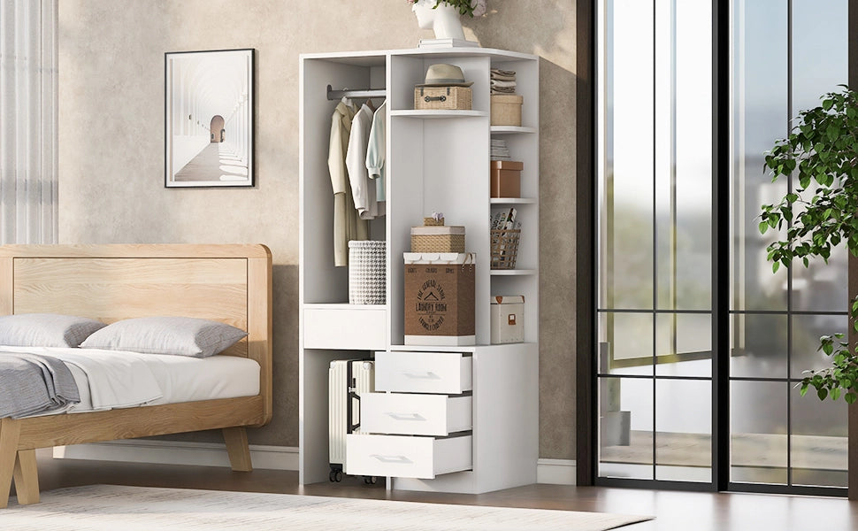 Scaffale autoportante con ripiani aperti, vani chiusi e barra appendiabiti per camera da letto in MDF bianco 70 × 55 × 175 cm