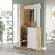 Mobile da ingresso Arco, Entratina appendiabiti, Composizione per atrio, Consolle portaoggetti multifunzione, 114x38h180 cm, Quercia e Bianco