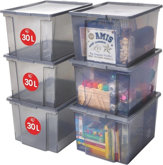 Set di 6 scatole di archiviazione con coperchio - 30L, per garage, camera da letto e soggiorno