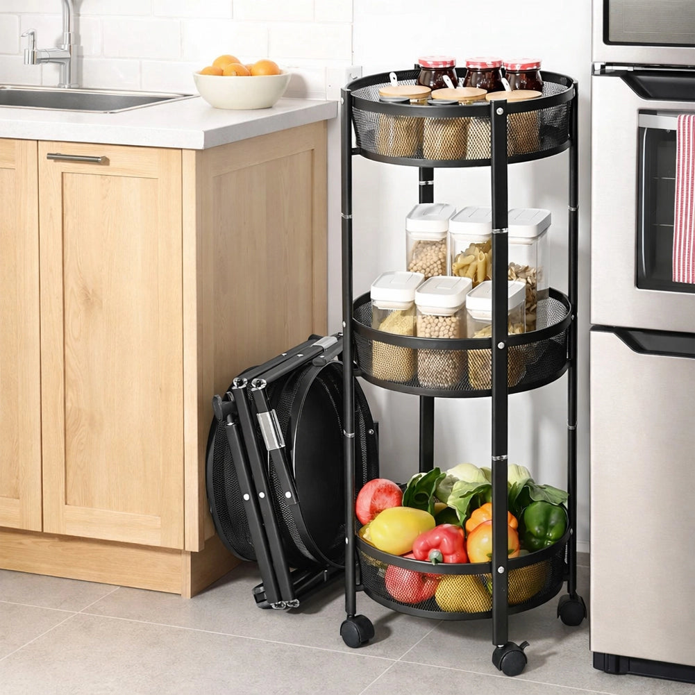 Carrello Pieghevole Salvaspazio Nero con 3 Ripiani Organizer Versatile 88x35cm