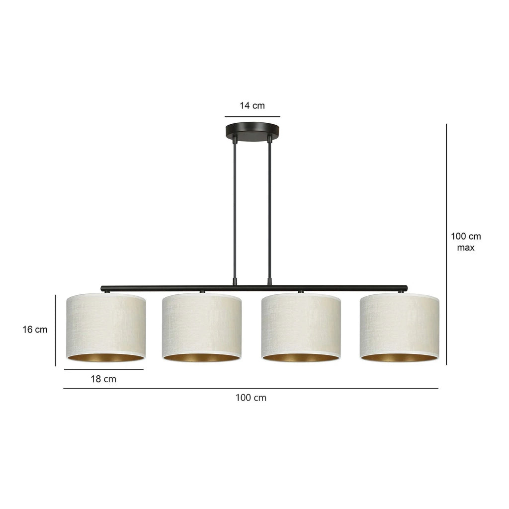 Lampadario 4 Luci Ganesha In Acciaio Nero E Paralumi In Tessuto Beige