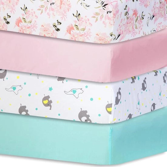 Tessuti per lettini da bambino, 70 x 140 cm, 100% microfibra, certificato Oeko-Tex Standard 100, fiori, rosa, elefante, blu mare, 4 pezzi