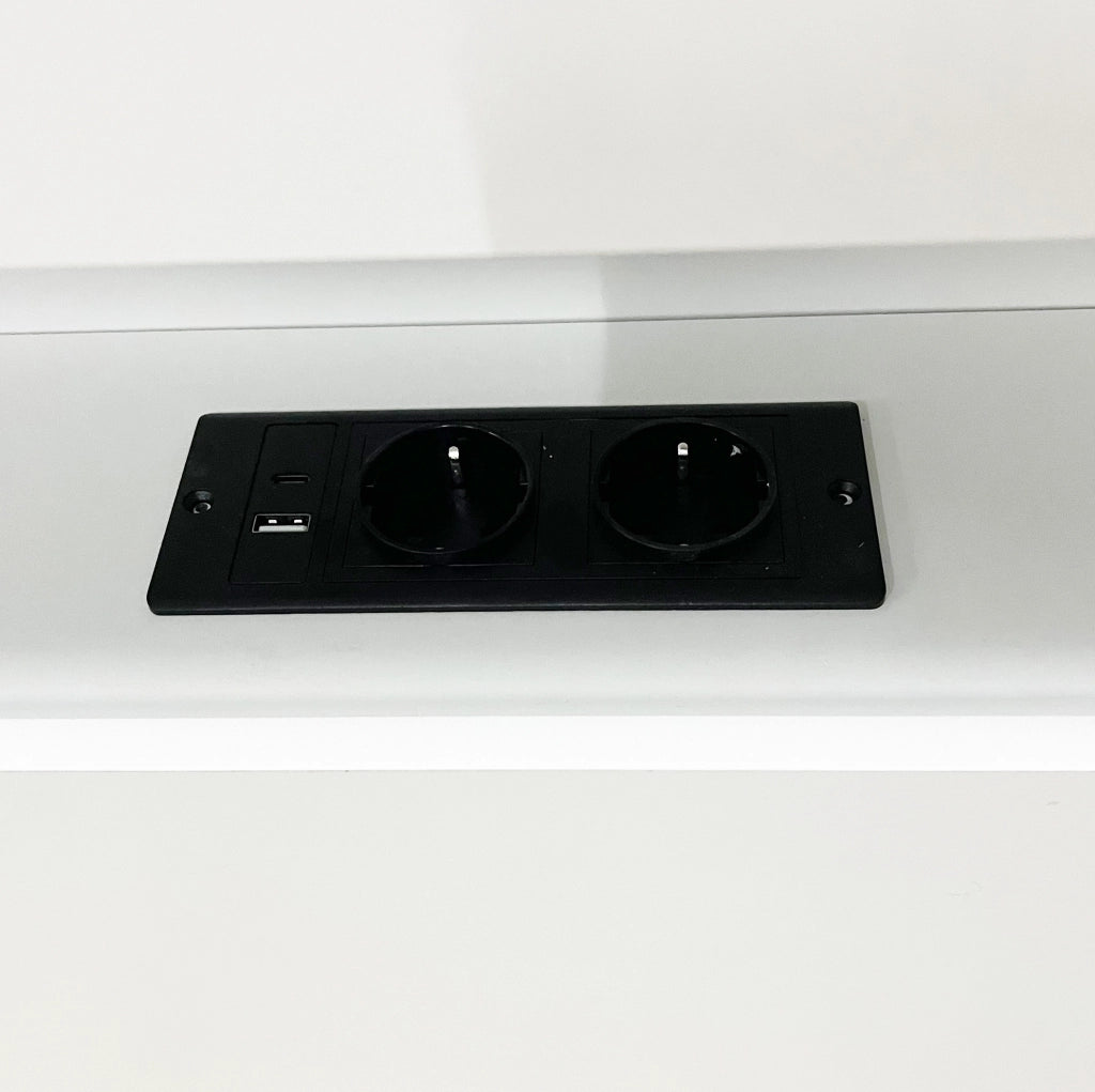 Letto multifunzione in legno 140x200 cm con testiera contenitiva, LED e prese