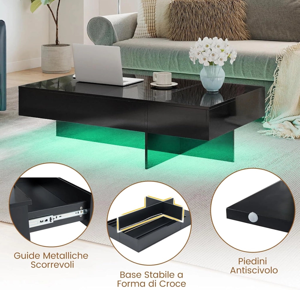 Tavolino da Salotto Moderno, Tavolino da Caffè con Luci LED Regolabili, 3 Cassetti e Telecomando, Tavolo Basso Rettangolare per Soggiorno, Studio e Ufficio, 120 x 70 x 35 cm (Nero)
