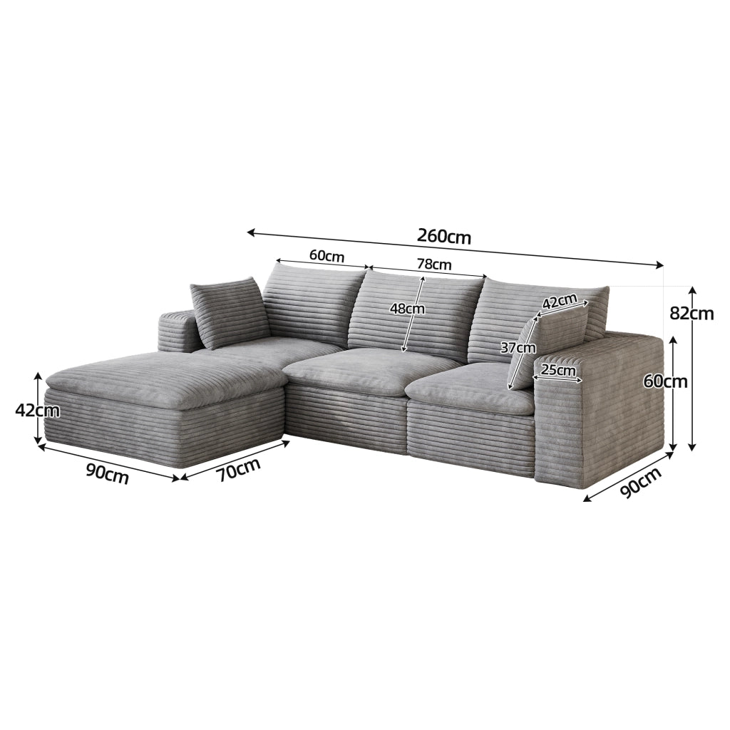 Divano Cloud 260 cm ¨C MINIMAL ¨C Velluto a Coste Grigio Scuro, Imbottito, Senza Montaggio