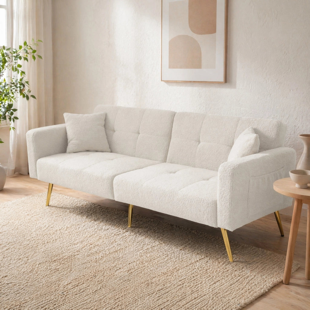 Divano letto convertibile con schienale regolabile, tessuto effetto sherpa, gambe dorate e tasche laterali