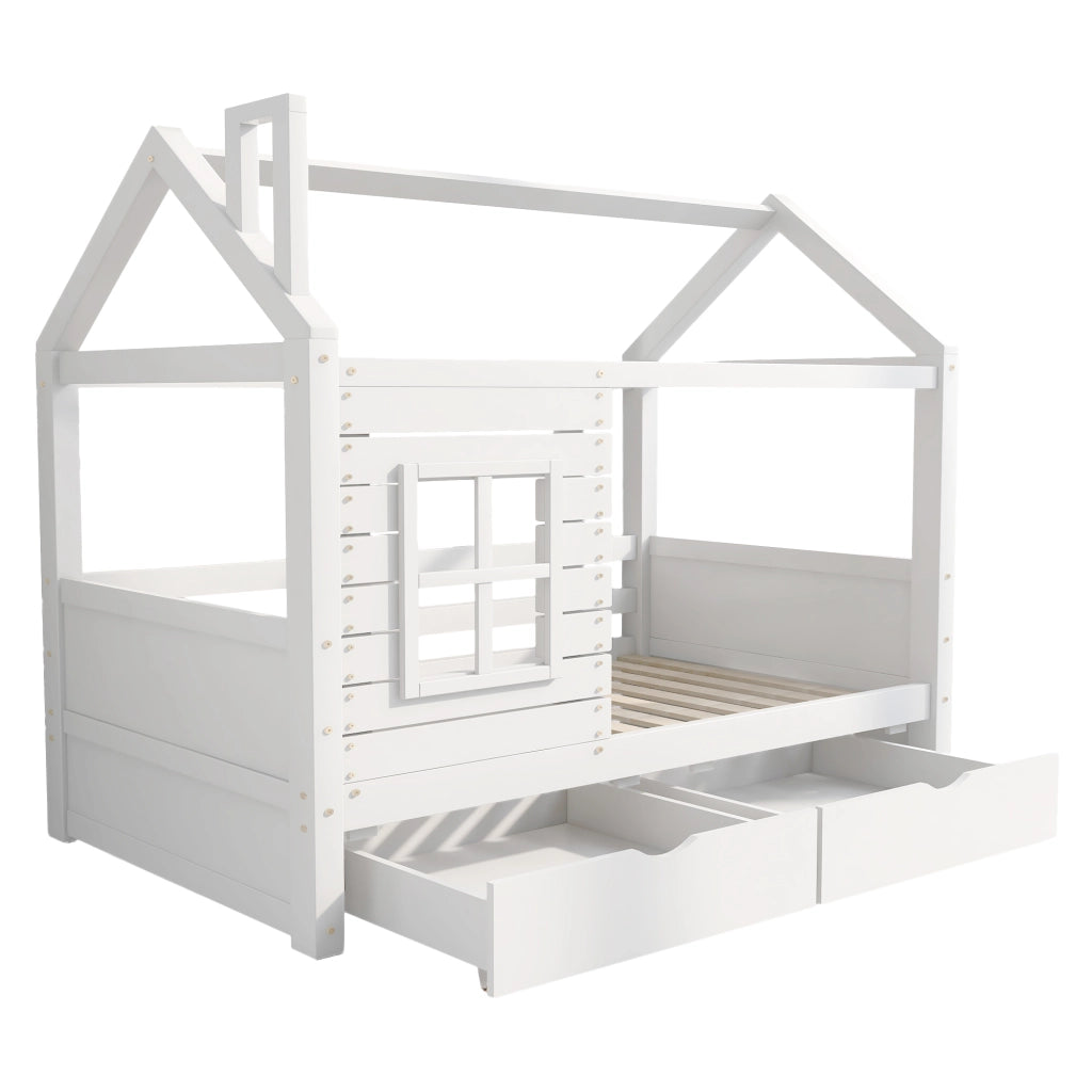 OKWISH Letto a Casetta 90×200 cm, Letto Singolo con Sponda, 2 Cassetti e Finestre, senza Materasso, in Pino Massello, Bianco