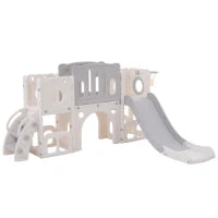 Scivolo Multifunzione 6-in-1 per Bambini con Rampa, Doppia Piattaforma, Armadietti, Canestro e Scala, in Polietilene ad Alta Densità, 174x150x95 cm - Scivolo da Giardino per Bambini, Grigio+Bianco
