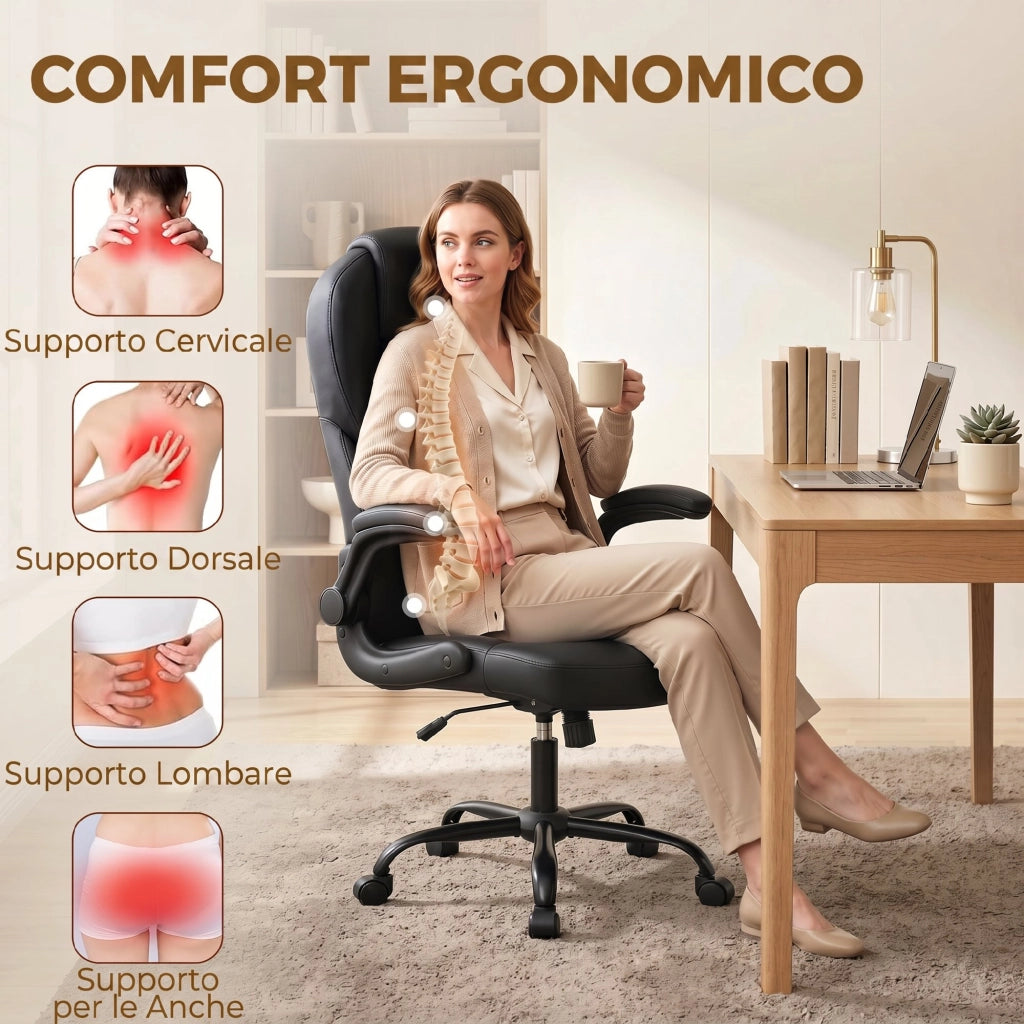 Sedia da Ufficio Girevole con Funzione Dondolo ¨C zephmum ¨C Nero, Schienale Alto Regolabile, Braccioli Ribaltabili