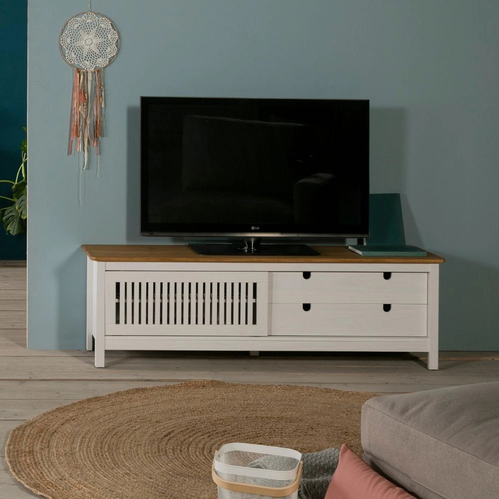 Mobile porta TV Bruna bianco e pino con anta scorrevole effetto griglia e cassetti in legno massiccio 158