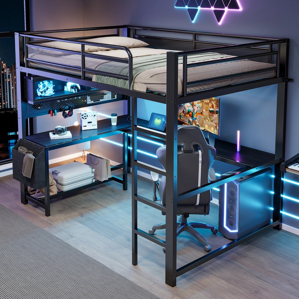 Letto a Soppalco 140x200 cm con Scrivania; Mensole; LED; USB e Prese - Nero