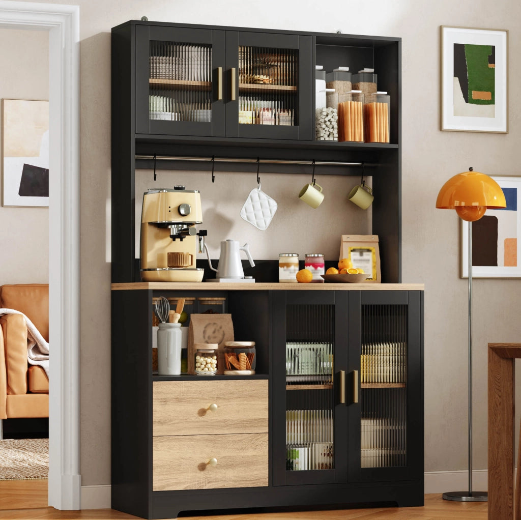 Credenza cucina alta 110x40x178 cm con LED RGB; prese USB; vetri temperati; nero