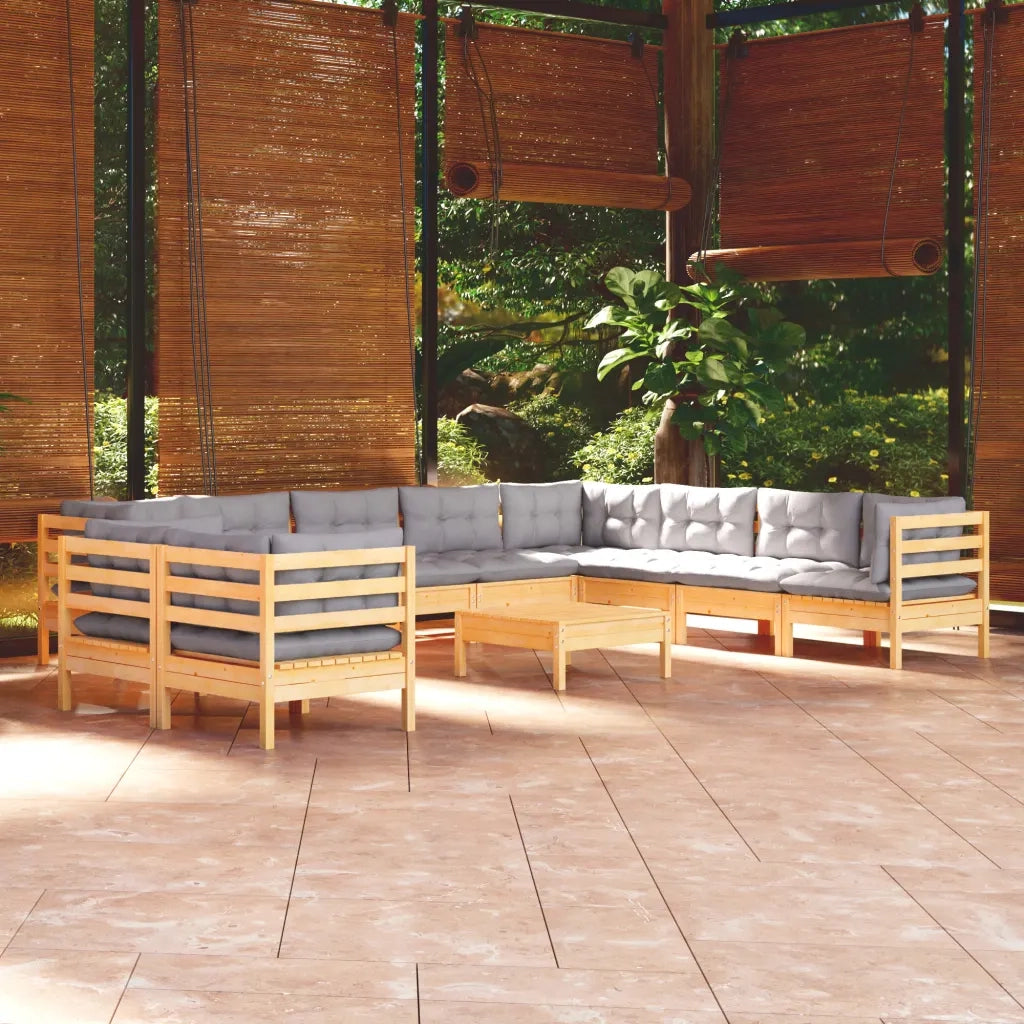 Set Divani da Giardino 11 pz con Cuscini Grigi Massello di Pino 3096916