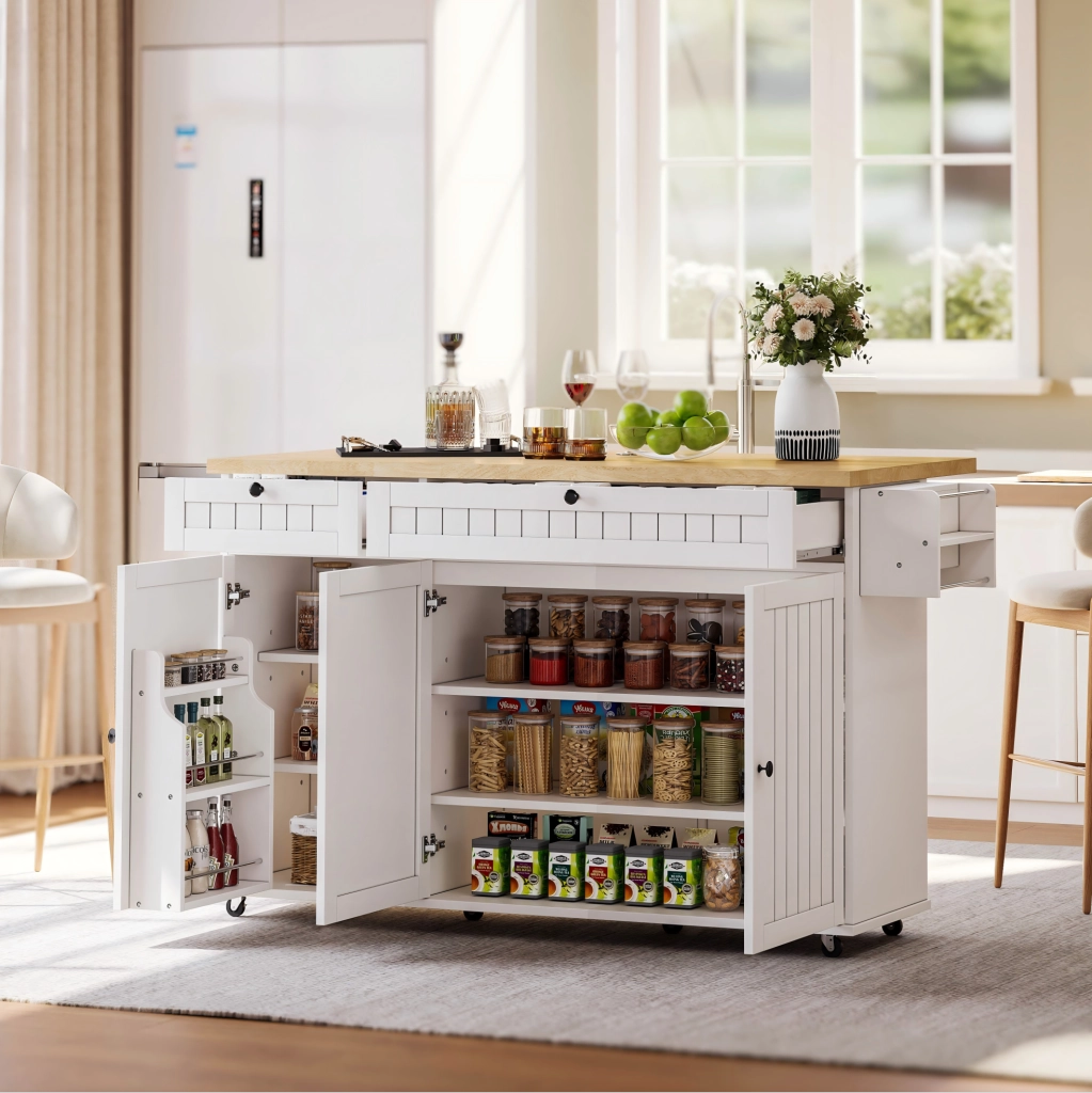 Isola da cucina con piano ribaltabile 137 x 89;5 x 45 cm in MDF; naturale e bianco
