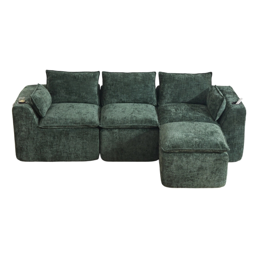Divano modulare 3 posti con pouf; tasche laterali e cuscini; in chenille verde; 256x161x75 cm
