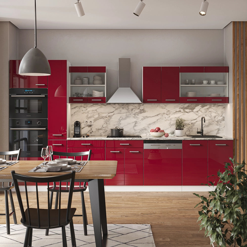Mobile da cucina R-Line Rosso lucido/Bianco 350 cm con armadio alto, PL Rovere Vicco
