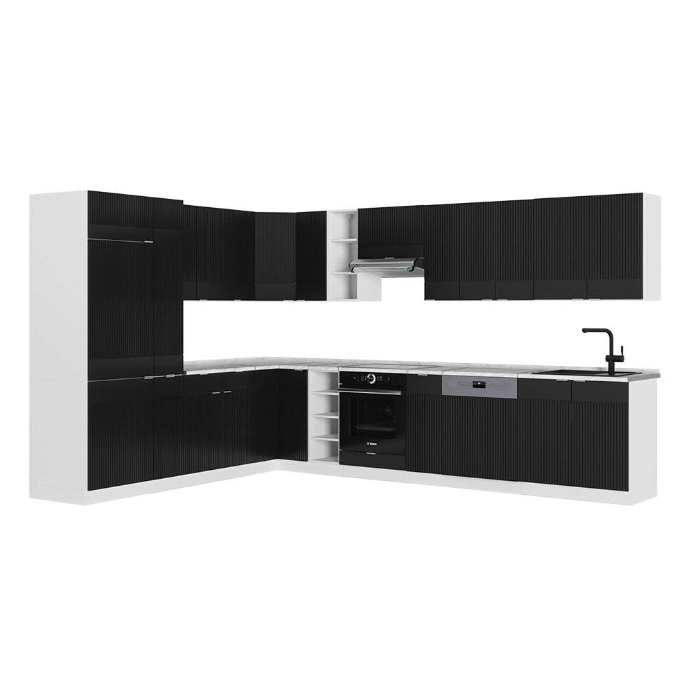Cucina angolare completa Fame-Line Nero rigato/Bianco 347 x 60 cm, PL Marmo Vicco