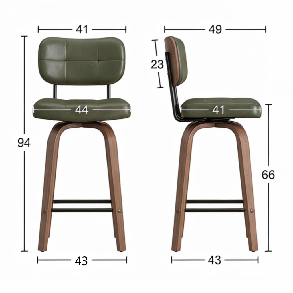 Sgabello da bar girevole con schienale ergonomico e rivestimento in PU, struttura in metallo e legno verde
