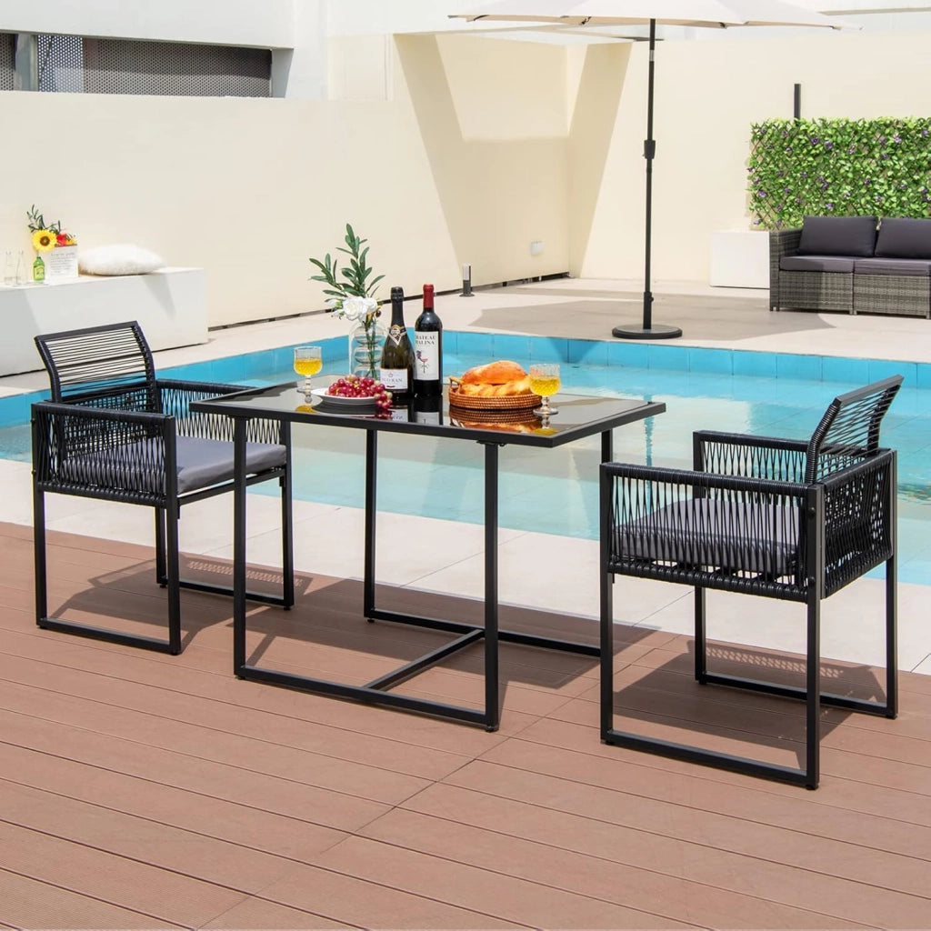 Set Mobili da Esterno a 3 Pezzi, 2 Sedie in Rattan Intrecciato con Schienale Pieghevole e Cuscini, Set Tavolo Rettangolare da Pranzo per Patio, Giardino e Balcone