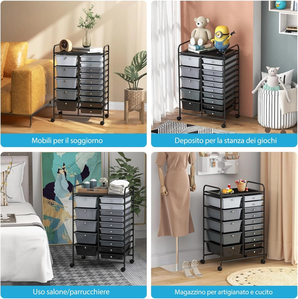 Carrello con 15 Cassetti Impilabili, Carrello di Stoccaggio con Ruote, Carello Portaoggetti per Casa e Ufficio, 63 x 37 x 87 cm (Nero 2)