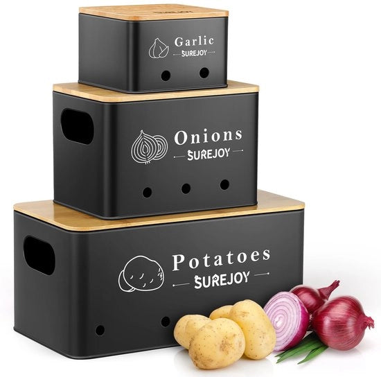 Set di conservazione per patate, set di 3, contenitori per conservazione di cipolle e aglio, mantiene le verdure fresche a lungo, organizzatore di cucina, contenitore per aglio, contenitore per patate, contenitore per cipolle (nero)