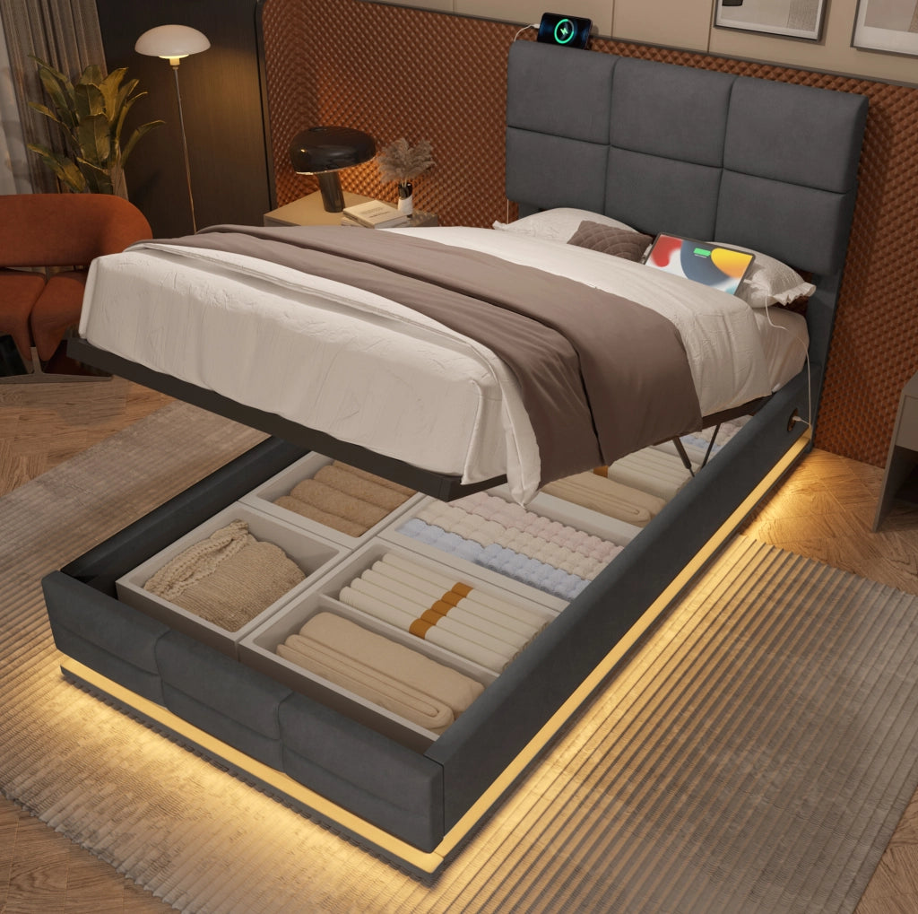 Letto singolo 90x200 cm in velluto grigio scuro con LED e vano contenitore