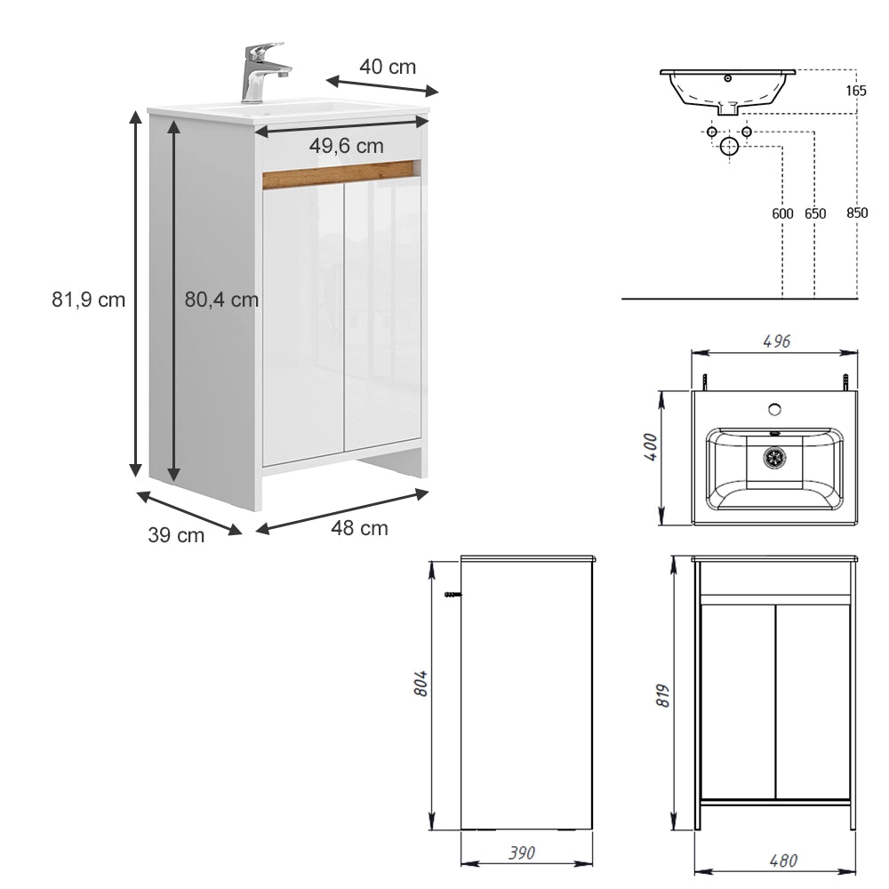 Vicco Set mobili bagno Bianco lucido 2 parti, con lavabo e 2 ante a battente