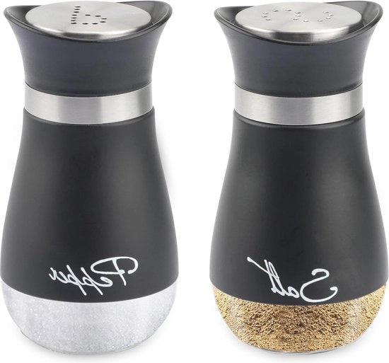 Set di macinacip e pepe in acciaio inox nero con fondo in vetro - adatto per cucina, campeggio, picnic, griglia