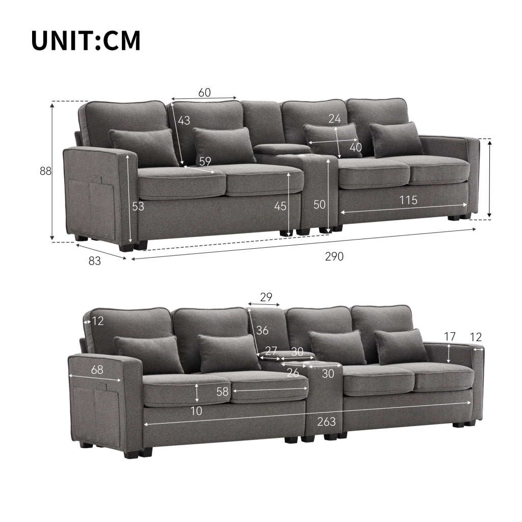 SOFA 4 posti 290x83x88 cm in lino grigio scuro con console, USB e 4 cuscini