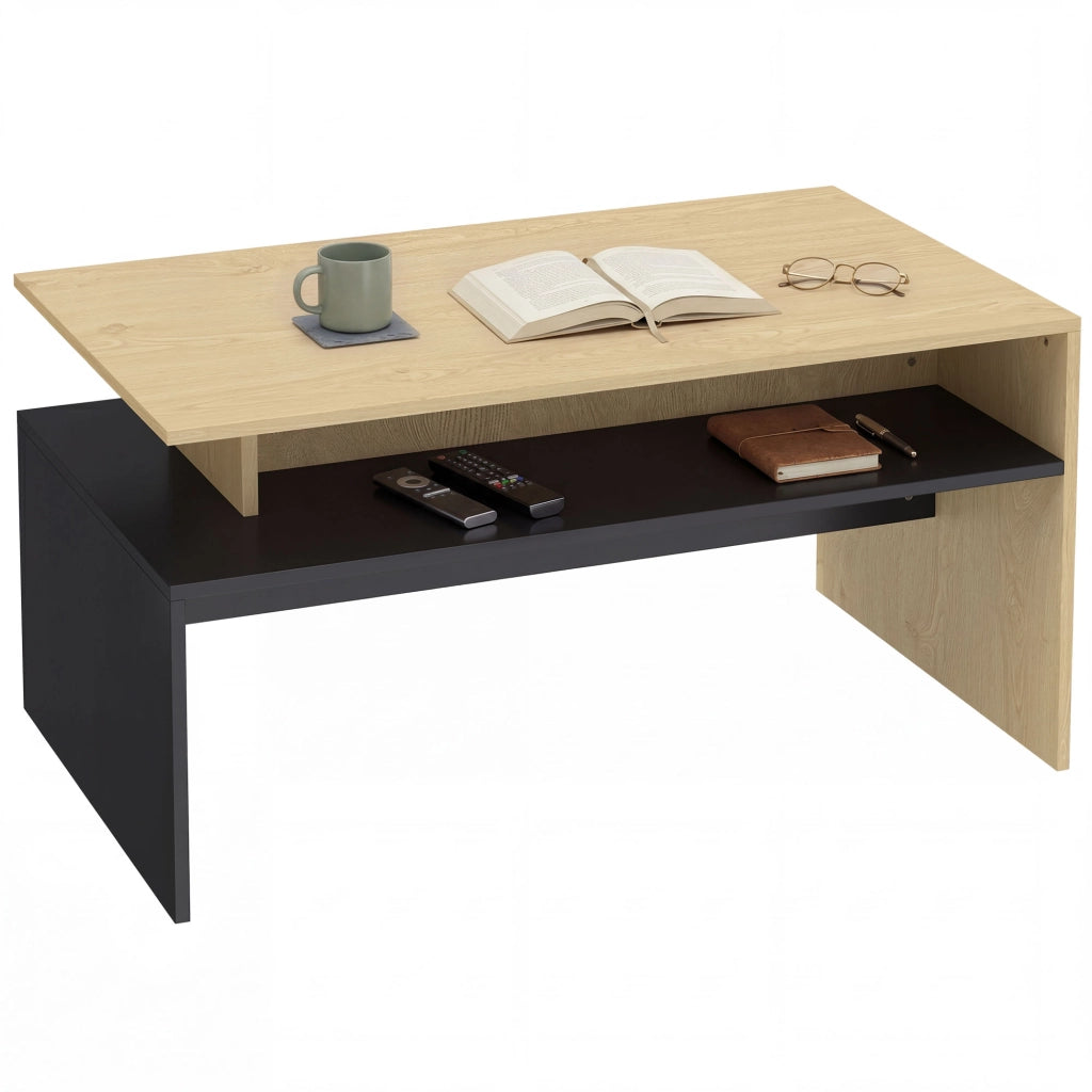 Tavolino da caff¨¨ moderno bicolore a livelli ¨C zephmum ¨C 95x55x50 cm legno naturale e nero