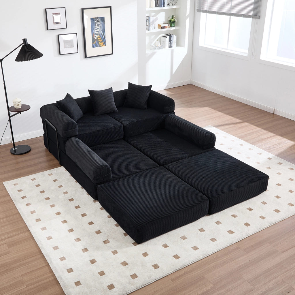 Divano modulare 270x180x64 cm trasformabile in letto con tasca laterale in velluto a coste nero