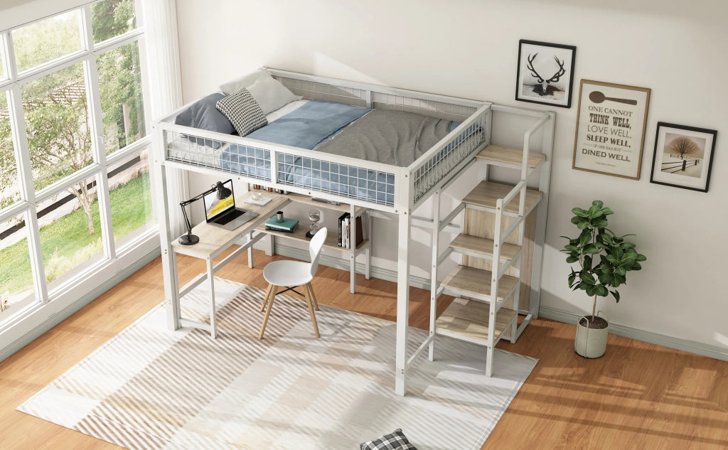 LETTO a soppalco 140x200 cm in MDF e metallo Bianco con scrivania e armadio