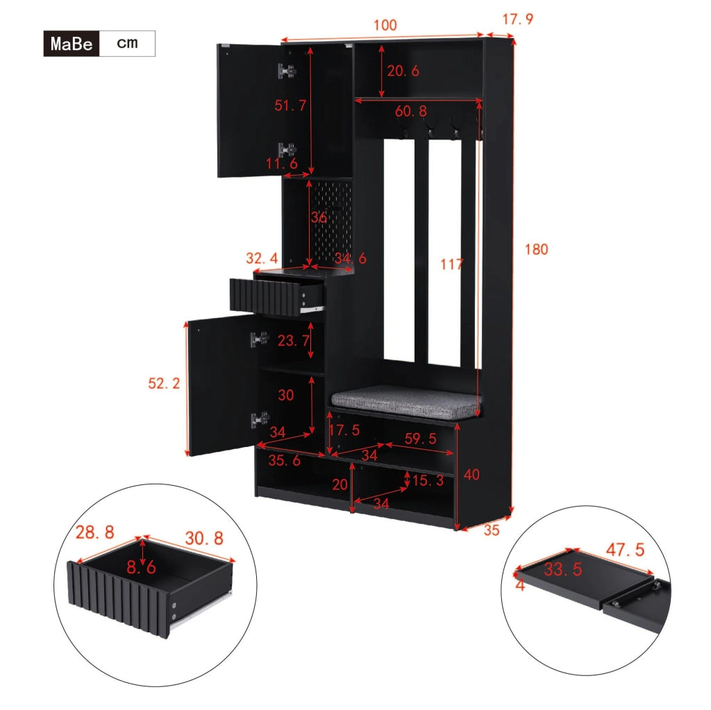 Mobile da ingresso 6 in 1 con panca imbottita, 4 ganci e cassetti nero