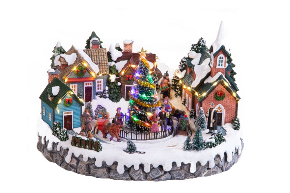 Villaggio Natalizio Piazza Albero Luci Musica e Movimento 36 cm in Resina