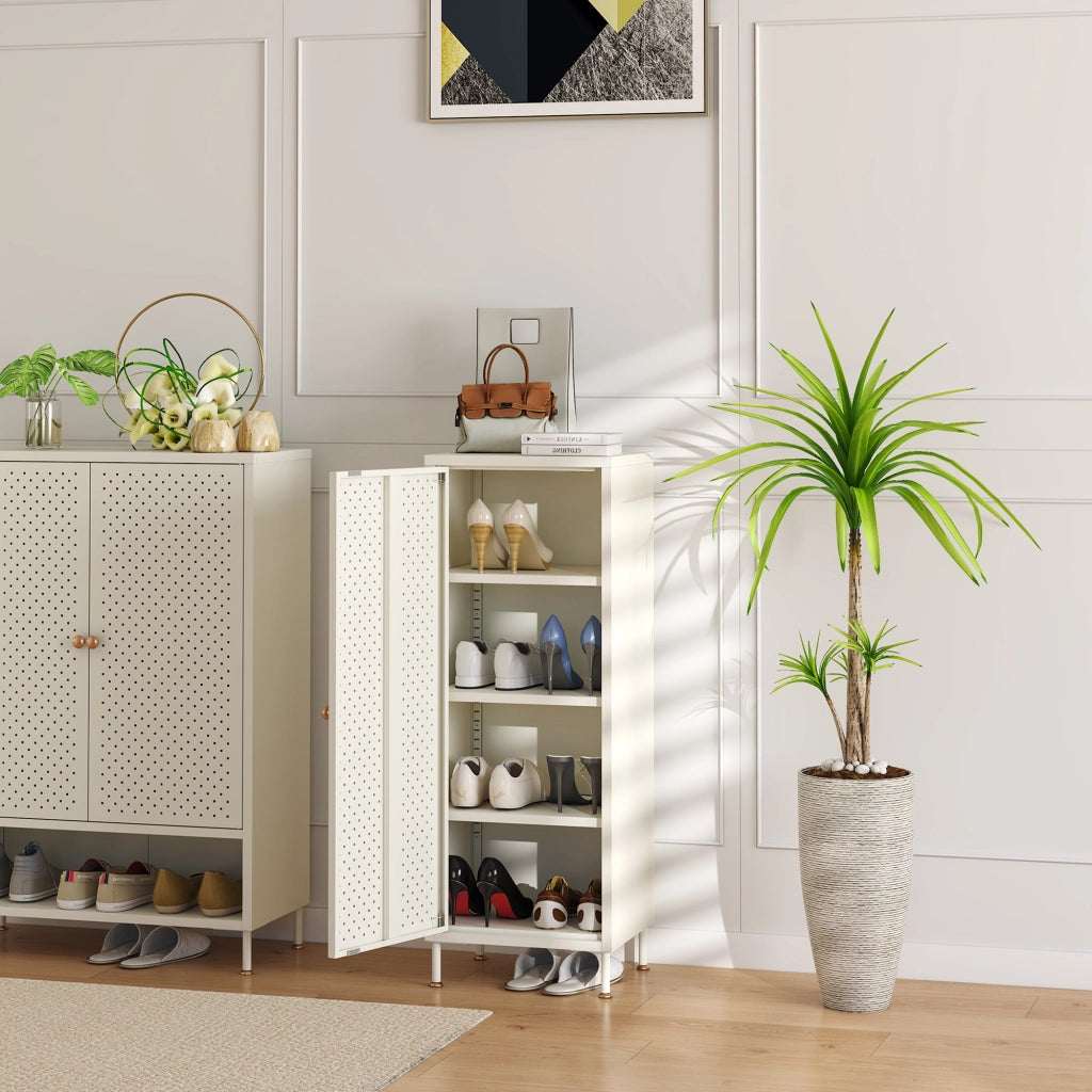 Scarpiera Coleraine con Anta e 3 Ripiani Regolabili 115 x 43 x 35 - Acciaio Bianco Crema [en.casa]