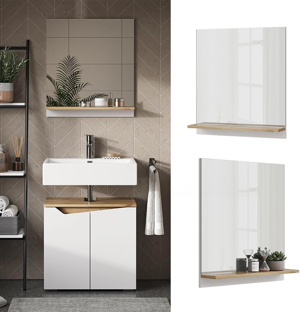 Specchio contenitore bagno Marelle, Bianco/Artisan, 60 x 67 cm con ripiano, adatto per il montaggio a parete in ambienti umidi