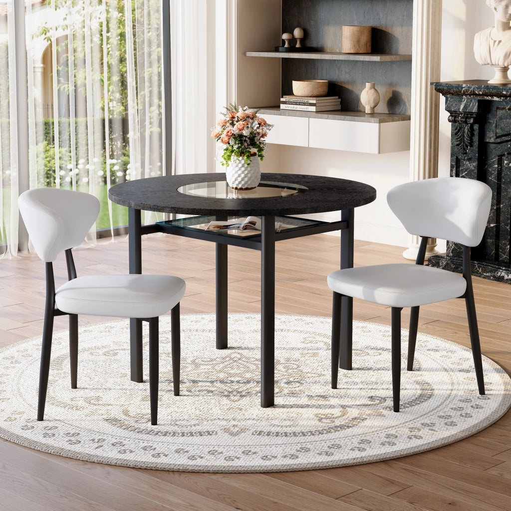 Tavolo da pranzo rotondo con piano in MDF e vetro, 2 sedie in PU, per soggiorno e sala da pranzo, nero, 100 cm